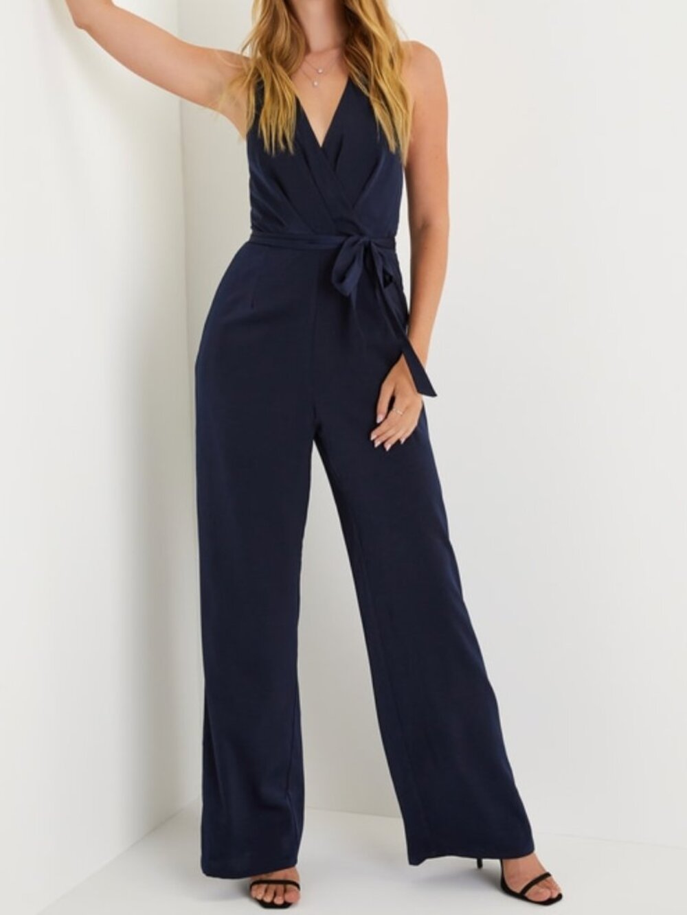 Lulus Fancy Inclination Navy Blue Satin Surplice Halter Jumpsuit - Size XS